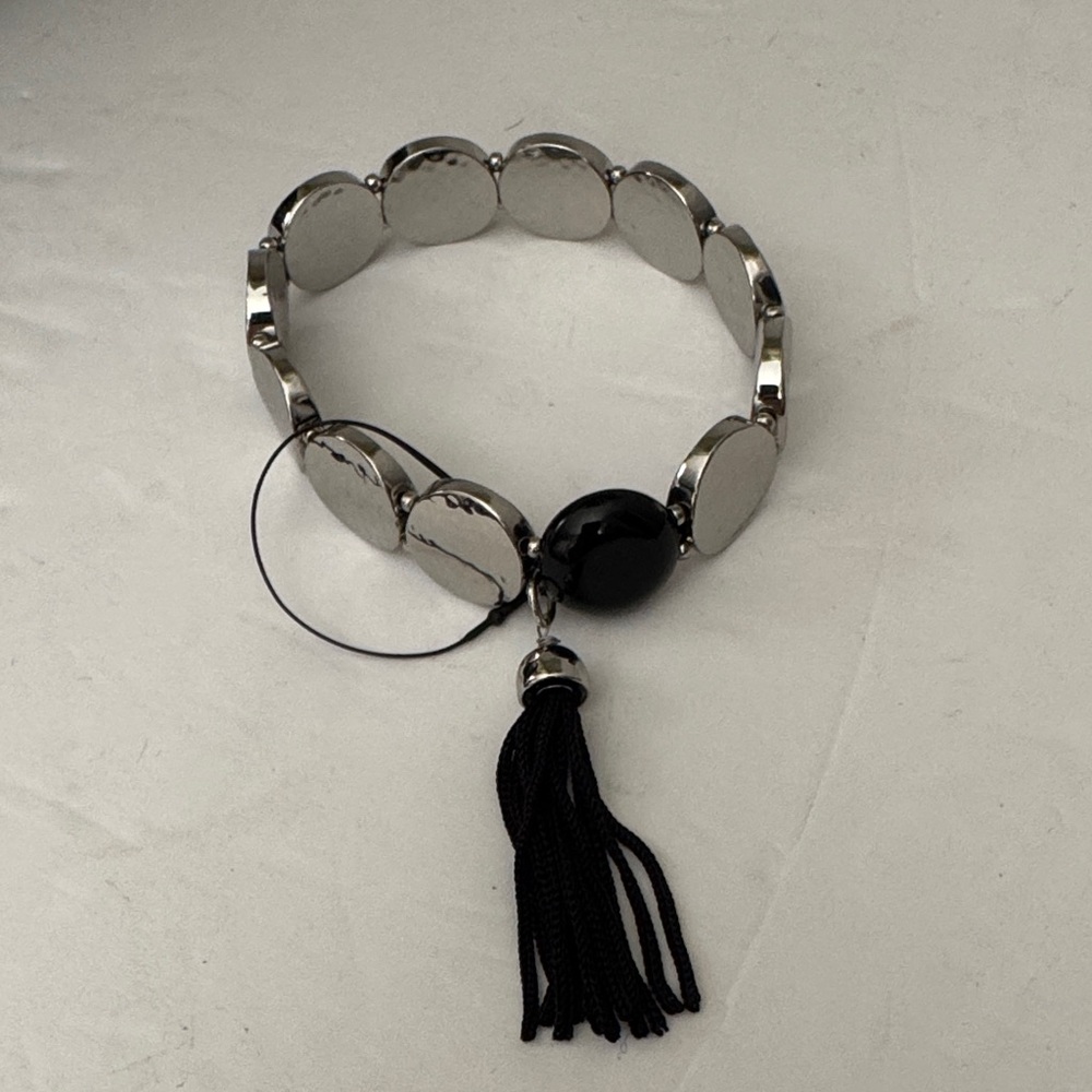 Chico’s Silver Hammered Discs & Black Beaded Stretch Bracelet with Tassel